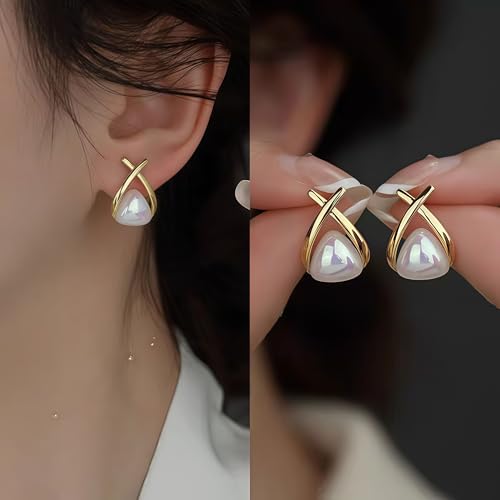 Fanmusic gold earrings for women -Stylish Gold-Plated Pearl Earrings,Hypoallergenic Women's Stud & Dangle Earrings，Ideal for Women Gifts2