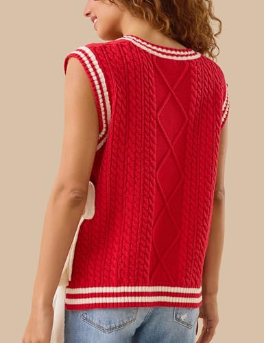 InterNos Women's Striped Cable Sweater Vest V Neck Sleeveless Casual Knit Pullover Top with Side Bow Ties3