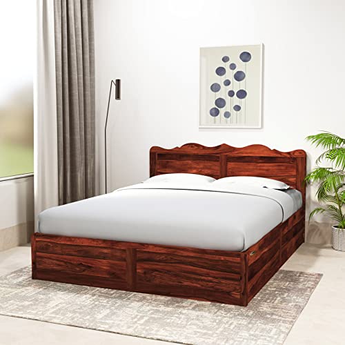 Image of Solid Sheesham Wood Mehraab Queen Size Bed with Box Storage | Palang Cots Wooden Double Beds for Bedroom, Living Room, Hotel and Home (Honey Finish)