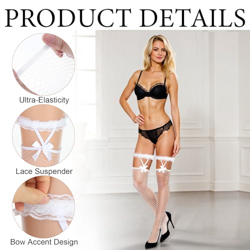 Abeillo 1 Paar Netzstrümpfe für Damen,Netzstrumpfhose mit Spitzen-Schleifen,Sexy Fishnet Stockings,Oberschenkelhohe Halterlose Strümpfe für Damen Halloween Cosplay Party(Weiß)