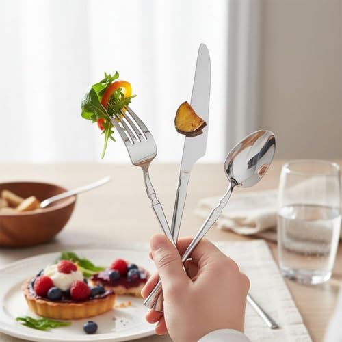 Image of 30 Pcs Silver Cutlery Set for Dining Table the Perfect Lightweight Silim Handle Tableware Including Dinner Spoon, Dinner Fork, Dinner Knife, Dessert Spoon & Dessert Fork