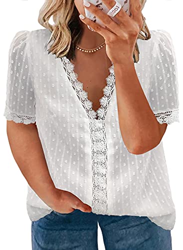 Eytino Womens Plus Size Tops Casual Summer Short Sleeve V Neck Lace Crochet Chiffon Blouses Shirts(1X-5X)2