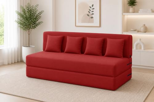 Image of Los Angeles Foldable Four Seater Sofa Cum Bed, Sofa Bed 6X6 Feet Jute Fabric Washable Cover Including Four Cushion Perfect for Living Room,Office - Red Color