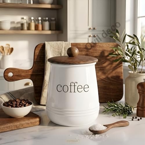Image of Stylish Airtight Container for Kitchen, Coffee Storage, White, Metal with Wooden Lid & Spoon, 1000ml, Canister for Kitchen Counter top | Food-Safe Jar Set (Coffee)