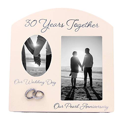 Haysom Interiors Contemporary 30 Years Together Then and Now Pearl Anniversary Light Beige Frame with Double Silver Rings | Beautiful 30th Idea