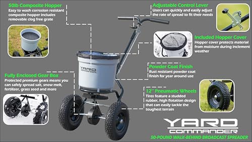 Yard Commander - Commercial 50 LB Walk-Behind Push Broadcast Spreader - 10-12 Foot Spread - Fertilizer, Salt & Grass Seed - Clog Free Design - Fully Enclosed Gear Box - Adjustable Drop Rate - Image 3