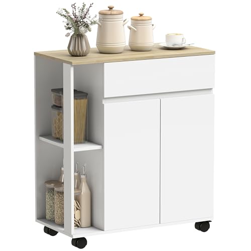 HOMCOM Carrito de Cocina, Isla de Cocina con cajón, Armario, 2 estantes Laterales y estantes Ajustables, Carrito Multiusos de Madera, 78 x 39,5 x 88,5 cm, Blanco y Roble