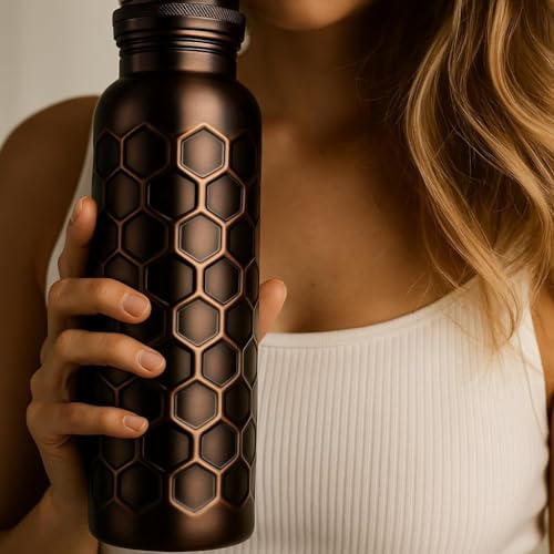 Image of Pure Copper Water Bottle for Summer Hydration - 1 Litre (32 oz) Antique Honeycomb Design | Ayurvedic Copper Bottle for Drinking Water | Keeps Water Cool, Leak-Proof, BPA-Free, Eco-Friendly Gift