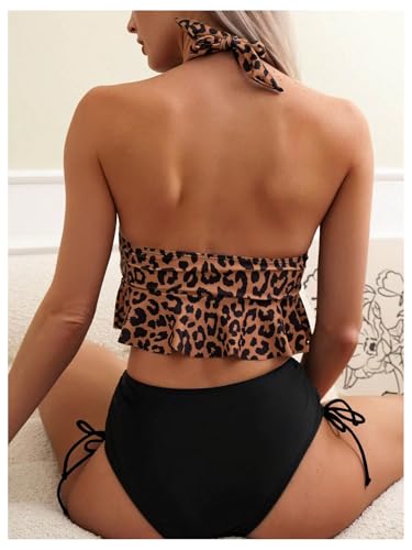 SweatyRocks Women's 2 Piece Swimsuit Leopard Print Ruffle Halter Tankini High Waisted Bathing Suit2