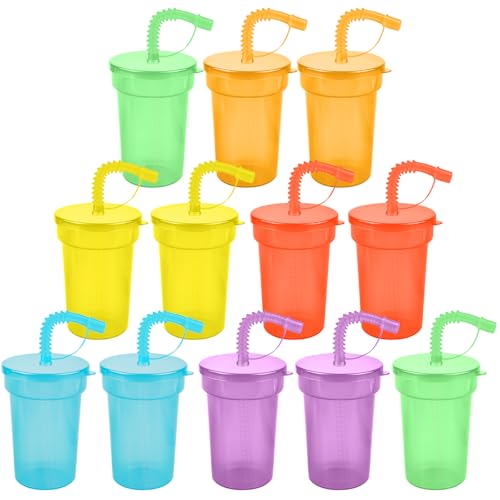 GOMETY Lot de 12 gobelets de fête de 380 ml, réutilisables, en plastique, avec couvercle et pailles, changement de couleur, pour boissons froides, smoothies, jus,...
