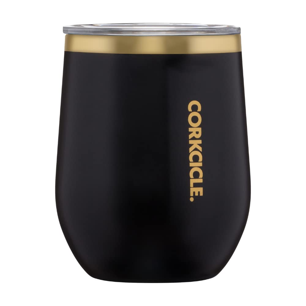 Corkcicle Classic 12 Ounce Triple Insulated Stainless Steel Stemless Travel Cup with Lid and Silicone Bottom for Hot and Cold Drinks, VIP Black