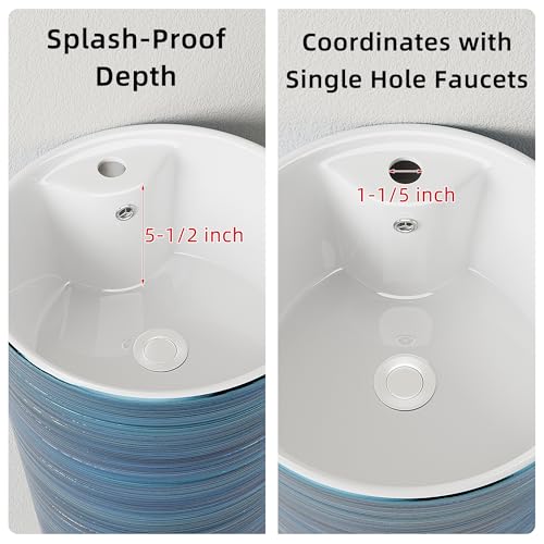 Simple Project One Piece Pedestal Sink 16" L X 16" W Round Pedestal Sinks For Bathrooms, Modern Single Faucet Hole Bathroom Pedestal Sinks With Overflow, Blue
