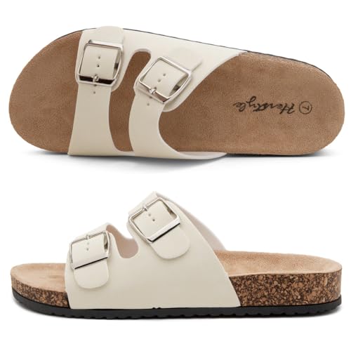 Image of Herstyle Womens Cork Footbed Slides for Women, Double Strap Flat Sandals, Adjustable Buckle Comfort Slip On Shoes, Summer Beach Casual Walking Slippers