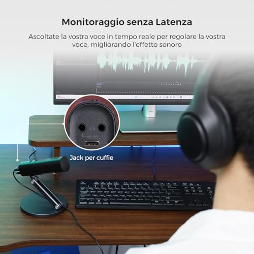 Microfono a condensatore USB per PC, fotocamera, microfono podcast per streaming/registrazione, microfono desktop con 8 microfoni/cancellazione del rumore/3 modelli polari/controllo - Notebook - Immagine 5