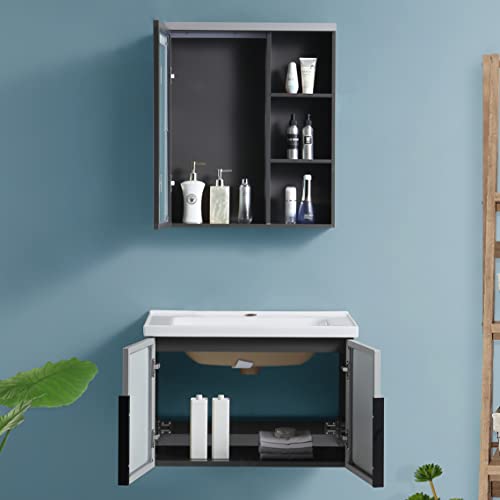 Image of Plantex Aluminum Bathroom Vanity Cabinet Set /LED Light Glass Mirror Cabinet /Ceramic Basin for Bathroom - Wall Mount (Grey)