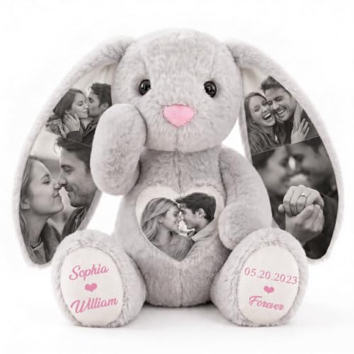 Custom Bunny Stuffed Animal with Photos in Ears Photo Bunny Plush Keepsake for Grandma Grandpa Memory Gift for Girlfriend Boyfriend Personalized Gifts for Anniversary Birthday Couple Wedding