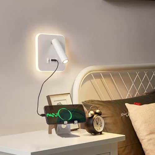 GZZBMY Blanco Lámpara de pared con Interruptor LED Luz de Pared con Puerto de Carga USB Iluminación de Pared Interior del Pasillo Ángulo Ajustable para Dormitorio Escaleras (Luz Fría,Cuadrodo)