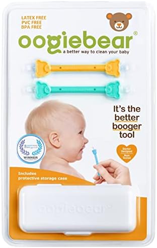 oogiebear - Nose and Ear Gadget. Safe, Easy Nasal Booger and Ear Cleaner for Newborns and Infants. Dual Earwax and Snot Remover - 2 Pack with Case - Orange and Seafoam