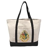 Harry Potter Hogwarts School Crest Canvas Tote Bag With External Pocket, Reusable Shoulder Bag for Shopping, Beach, Black