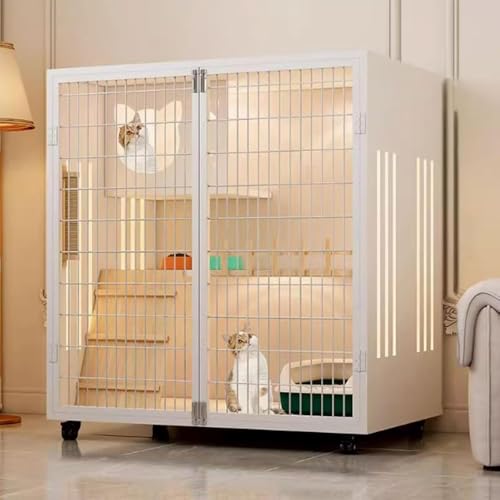 VoyageView多層構造で広いスペースを備えたクリエイティブなデザインの木製猫ケージ。傷に強く、耐摩耗性に メッシュドア、通気性と防湿性、持ち運び可能な猫ハウス、安定性と耐荷重性を備えています。 (ホワイト,90x60x90cm)