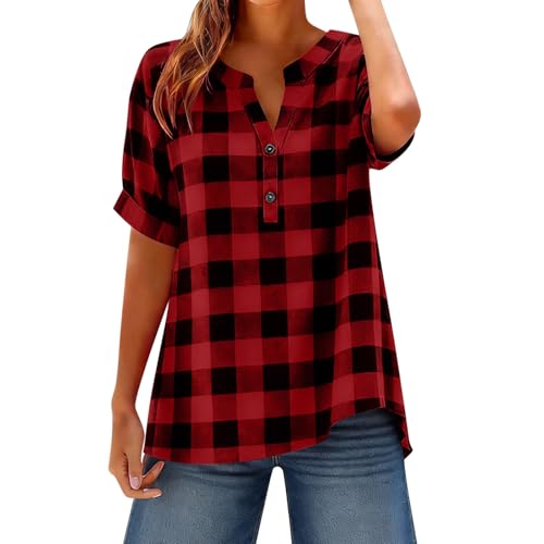 Women's Oversized Plaid Henley Shirts, Quarter Button Collar Short Sleeve V-Neck Casual Tops Summer Vacation Tees Red