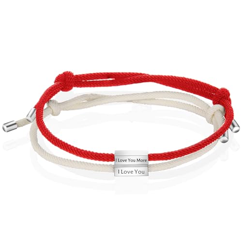 Image of I Love You More Hand Stamped Bracelet Jewelry Gifts for Her Girlfriend Wife Classic Lettering Valentine's Day Gift (red more), adjustable