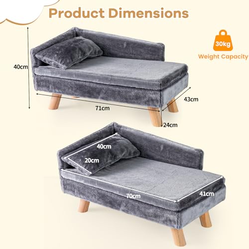 SOARS Hundesofa, Katzensofa mit Rückenlehne, Kissen & Holzbeinen, Hundecouch für kleine Hunde, Hundebett erhöht, Haustiersofa, 71 x 43 x 40 cm, Grau
