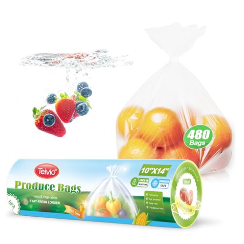 Teivio 480 Count 10' x 14' Plastic Produce Bags on A Roll, Clear Kitchen Disposable Plastic Food...
