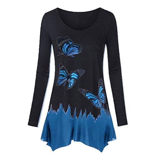 Tunic Tops Deals,Women's Casual Butterfly Print Cotton Blouse Fashion O Neck Long Sleeve T Shirt Loose Pullover US 4-18