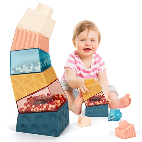6-teiliges stapelbares Babyspielzeug, Baustein-Set, Balancieren und Sortieren, Aktivitäten, frühes pädagogisches Spielzeug für 18 Monate + Baby Kleinkind Jungen Mädchen Cover