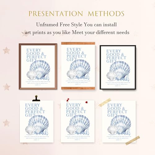 Image of LARTSFRO Beach Ocean Blue Christian Bible Wall Art Decor Posters, Coquette Shells Christian Room Bathroom Bedroom Dorm Wall Art Decor Aesthetic for College Teen Girls Gifts, Inspirational Bible Verses Wall Decor, 10x8 Inch Set of 4 Pcs Summer Beach Pictures (UNFRAMED)