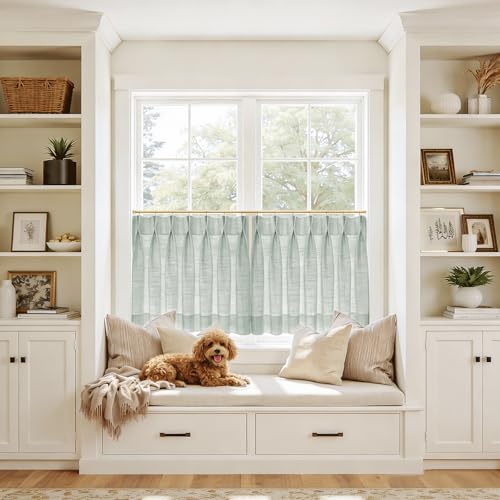 Image of TWOPAGES 26 inch inch W x 18 inch inch L Linen Blend Cafe Curtains for Kitchen Window, Light Filtering Pinch Pleated Tier Curtains, Modern Farmhouse Half Window Curtains for Small Window, Aqua, 2 Panels