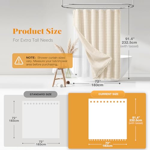 Image of BTTN 3 in 1 Shower Curtain with Liner, 90 Extra Long Boho Linen Cloth Shower Curtain Set with Hook, Tall Farmhouse Bohemian Waterproof Fabric Shower Curtain for Bathroom, Beige /Cream, 72x90