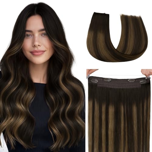 hotbanana Extension Capelli Veri con Filo Invisibile, 45cm 95g Balayage Castano Scuro con Riflessi Ramati Capelli Umani Remy Lisci, Invisible Wire Hair Extensions, Extension in Capelli Veri