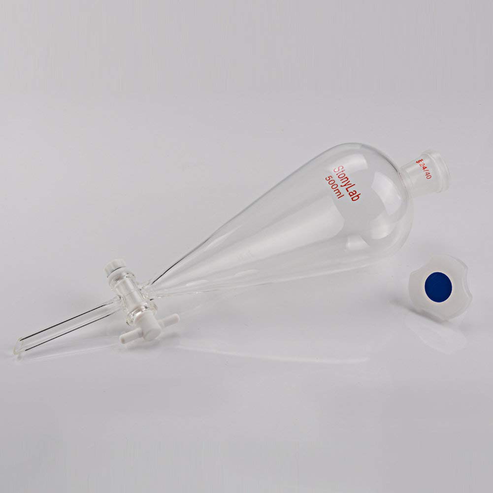 StonyLab 500 ml Entonnoir Séparateur à Paroi épaisse en Verre Borosilicaté, Separatory Funnel avec Joints 24/40 et Robinet en PTFE - 500 mL