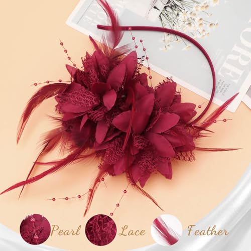 Image of DRESHOW Womens Fascinators Hats Tea Party Hats for Women Pearl Lace Feather Hat Vintage Derby Hats for Wedding Cocktail