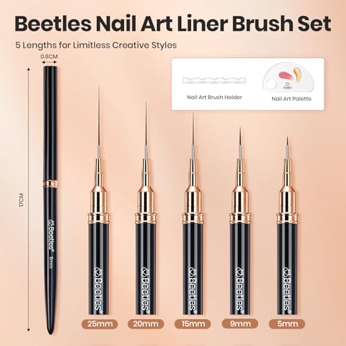 Image of Beetles Liner Brushes for Nails 5pcs - Metallic Nail Art Brushes Black Nail Art Pens Liner Sizes 5 /9 /15 /20 /25mm with Palette Holder Painting Manicure Design Tools for Long Lines, Details, Fine Drawing