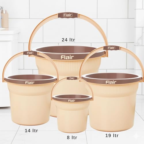 Image of FLAIR Estella 19L Set of 3 Plastic Bathroom Bucket, Beige | Strong & Durable Water Storage Bucket with Easy-Grip Handle | Virgin Plastic, Lightweight & Multipurpose for Bathing and Daily Use