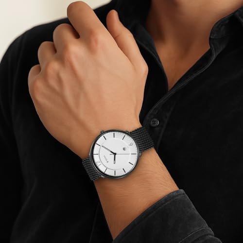 Image of Titan Minimalist Quartz Analog with Date White Dial Black Stainless Steel Strap Watch for Men - NT1849NM01