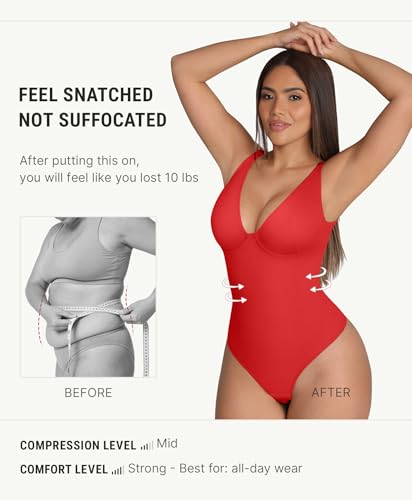 Image of FeelinGirl Shapewear Bodysuits for Women Tummy Control Body Suits Deep V Neck Thong Body Shaper