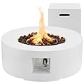 ECOTOUGE 2-Piece 30 Inch Round Outdoor Propane Firepit Table Set with Tank Table, 50,000 BTU Steel Gas Fire Table, Auto-Ignition Concrete Fire Pit w/Weather-Resistant Pit Cover, Lava Rocks, White