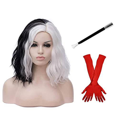 FVCENT Short Curly Shoulder Length Full Bang Women Bob Wig for Cruella Costume Women for Halloween Party Costume (Black and White With accessories)