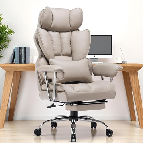 Image of Efomao Desk Office Chair Big High Back Chair PU Leather Computer Chair Managerial Executive Swivel Chair with Lumbar Support (Grey)