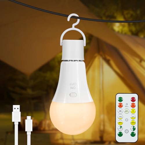 Dehobo Bombillas Recargable con Mando y Cronómetro - 7W Bombilla LED E27 3 Temperaturas de Color ajustables - Luz LED Recargable USB-C con Touch Control luz Emergencia Casa, 1 Pack