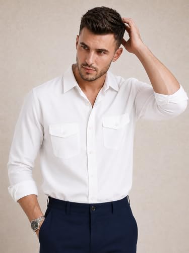 Image of Veirdo Men's Pure Cotton Utility Shirt | Full Sleeve Casual Button-Down with Dual Chest Pockets | Stylish & Comfortable Everyday Wear | Colors: Beige, Black, Maroon, Olive, Rust & White