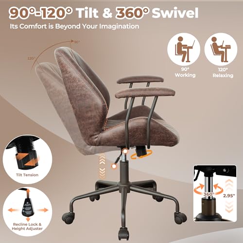 Image of ovios Ergonomic Office Chair, Mid Back Faux Leather Executive Chairs with Armrests, Comfy Mid-Century Modern Swivel Rolling Computer Armchair (Dark Brown, Suede Leather)