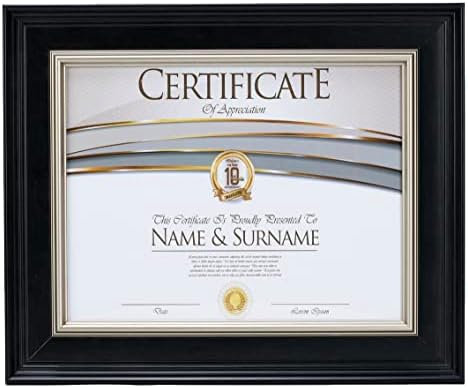 Framenow 8.5×11 Certificate Frame,Black and Gold.Real HD Glass, Display Document Diplama Certificates or Pictures 8.5x11,Vertically and Horizontally,To Wall and Tabletop Mounting.Hanging ware included！