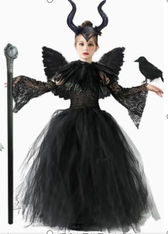 Bocguy Costume da Maleficent da donna, stile vittoriano, gotico, con ali da diavolo, mantello con piume e gonna in tulle, per cosplay, feste, carnevale