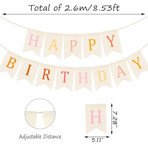 Image of Doumeny Happy Birthday Burlap Banner Boho Birthday Bunting Garland Pink Bohemian Sign Flag White Birthday Hanging Banner Pastel Rainbow Party Decor for Home Mantel Fireplace Nursery Party Backdrop