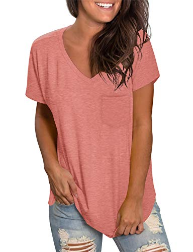 Weeso Womens Tshirts Short Sleeve Loose Fit Tops For Women Summer Casual V-Neck T Shirt Coral L #TOP7